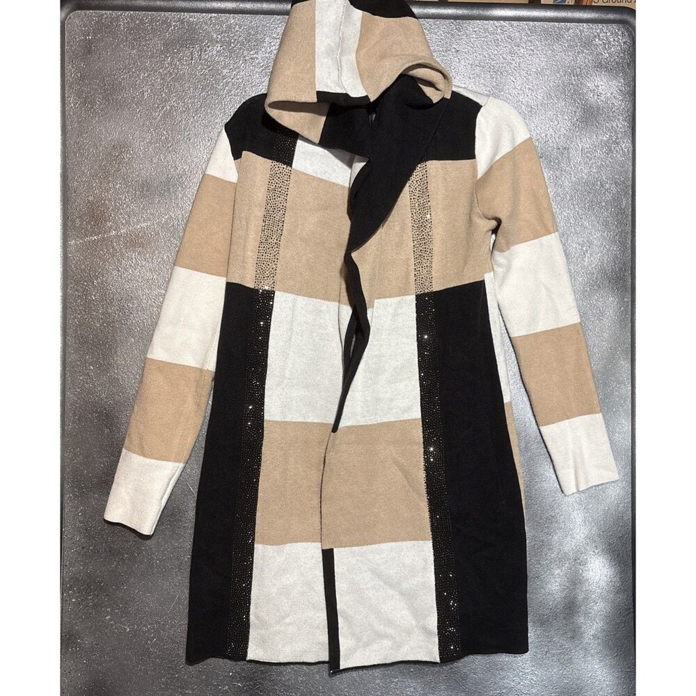 Frank Lyman Women's Long Hooded Sweater Sz S Cabinvore Cozy Comfy Tan Black Fall